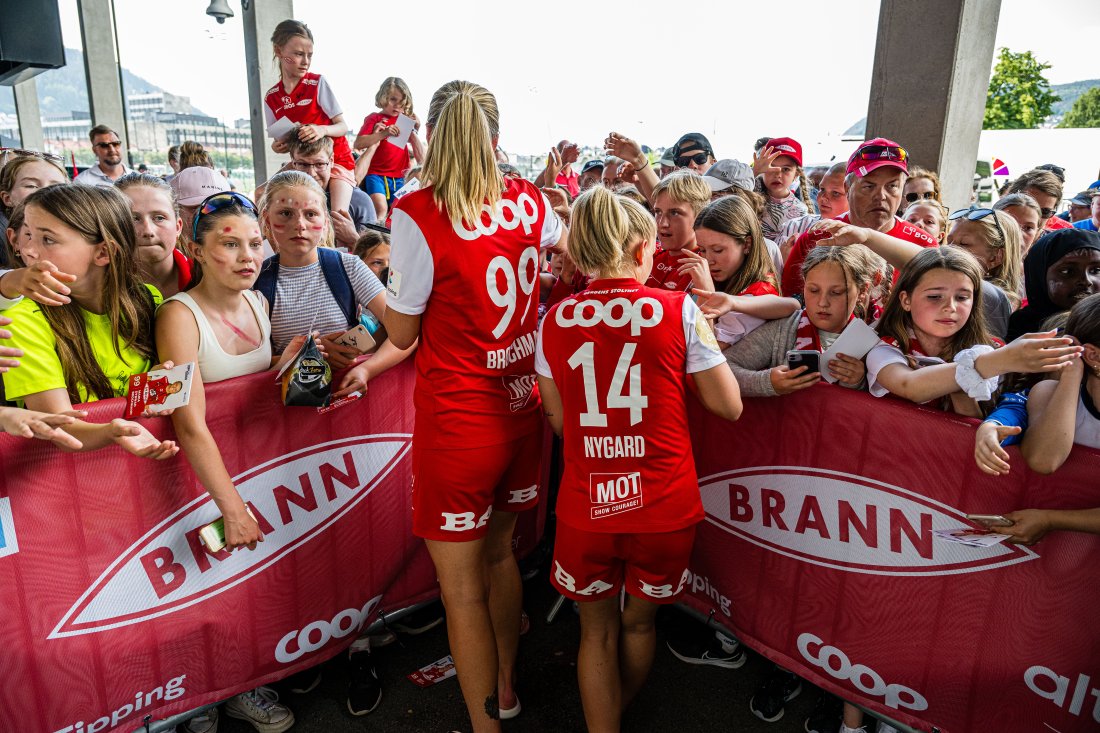 Maria Brochmann and Rikke Bogetveit Nygard of Brann after the Toppserien football match between Brann and Avaldsnes on June 18, 2023 in Bergen.
