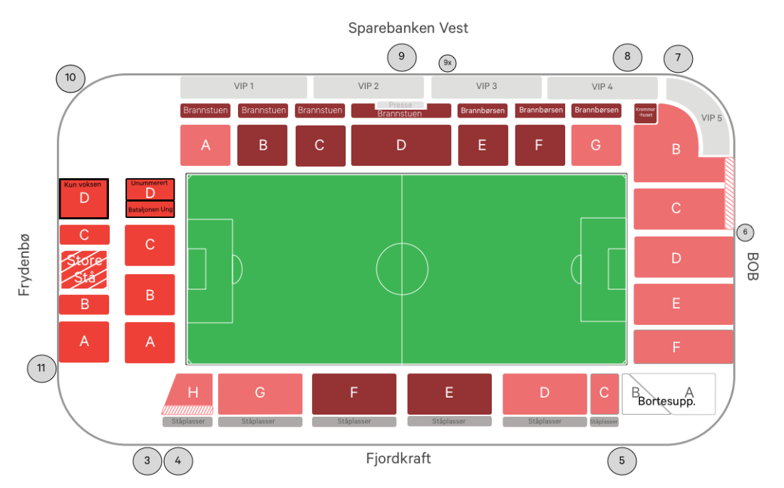 Fargekoder: Mørkerød- premium. Rosa - familie. Rød er Frydebø-tribunen med syngende supporterne, med Store Stå oppe i midten.